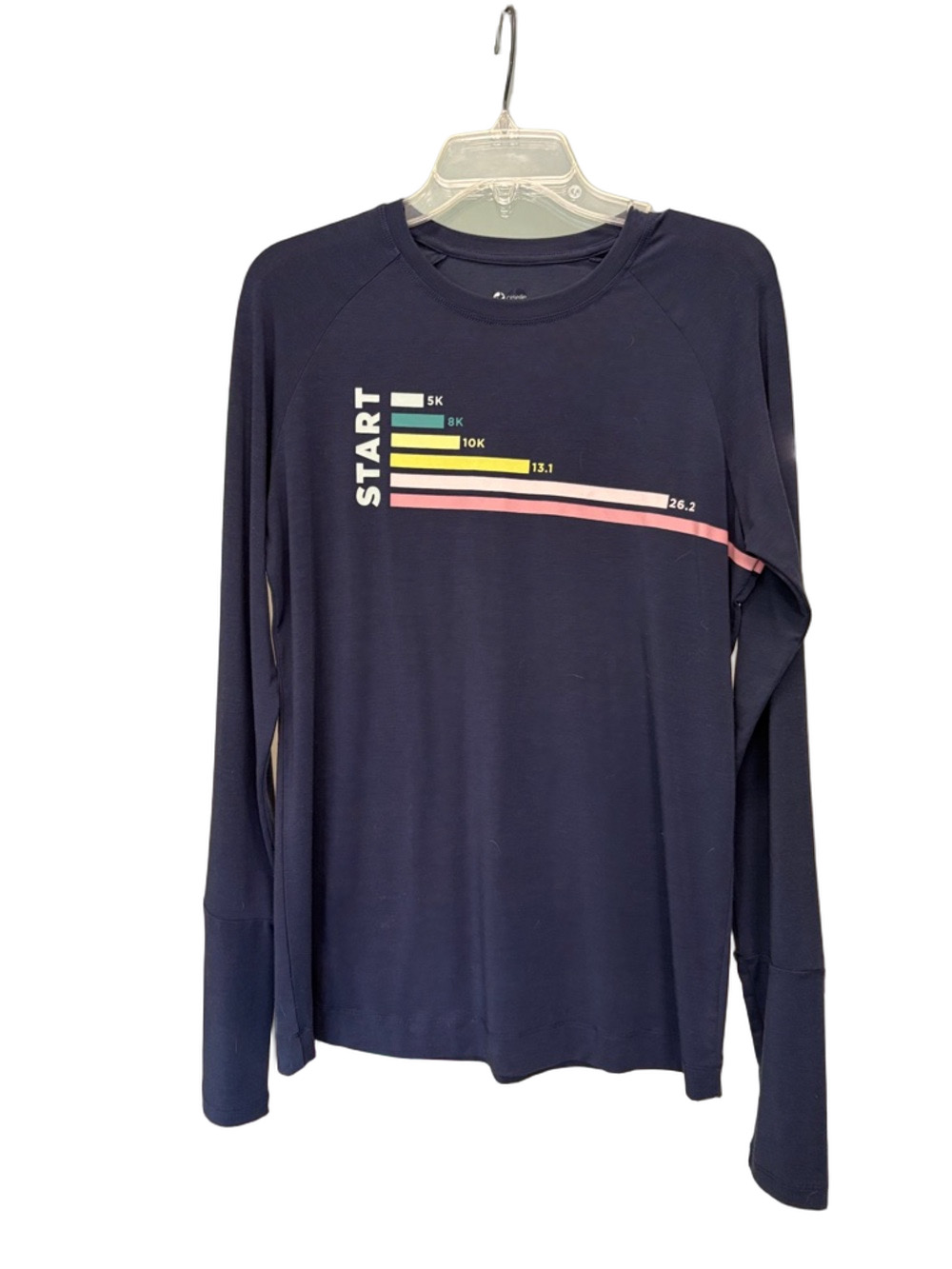 oiselle Navy Long Sleeve Running Tee with Multicolor Start Graphic